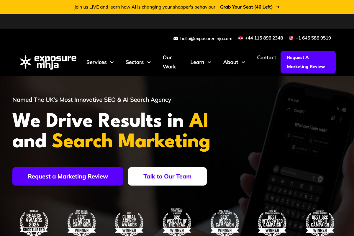 Exposure Ninja homepage confirming the agency's AI and search marketing positioning — context for the competitive landscape framing recommended in Step 5.