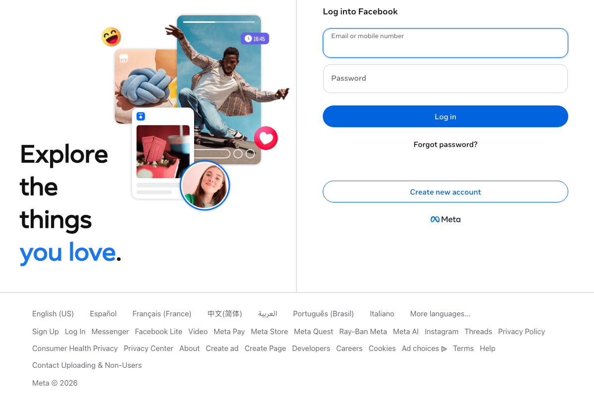 Facebook.com login page footer confirming Meta © 2026 capture date; no Reels or original content policy links are present.