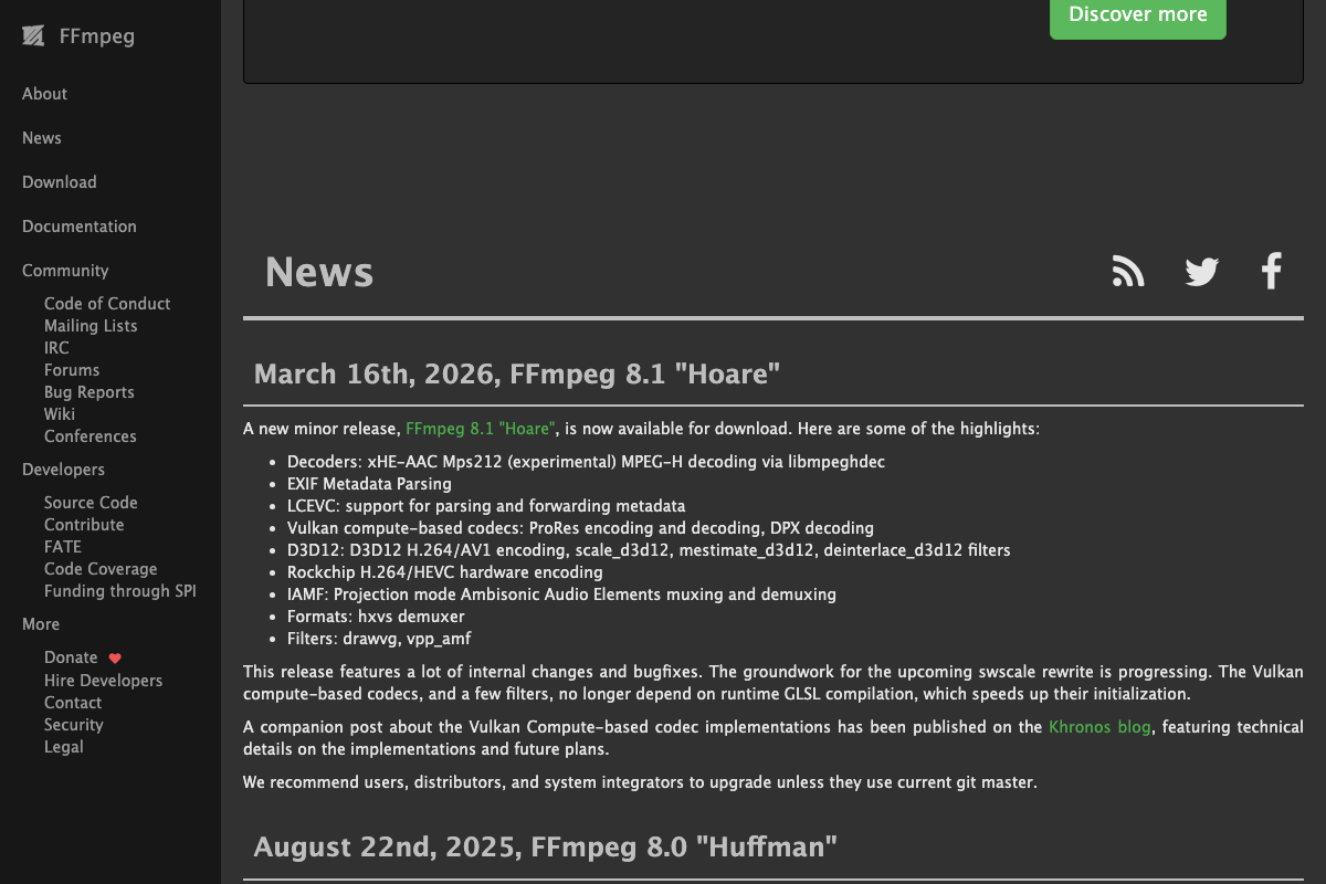 FFmpeg news page confirming FFmpeg 8.1 