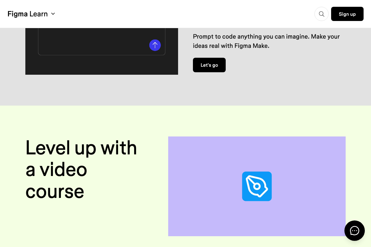 Figma Learn page featuring Figma Make prompt-to-code tool and Level Up video course library