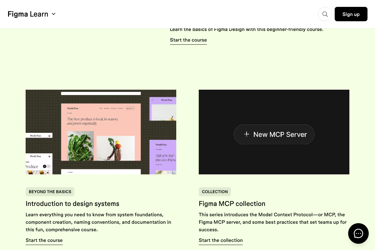 Figma Learn course listings including a Figma MCP collection covering Figma's own Model Context Protocol integration — no Stitch-to-Figma handoff documentation visible.