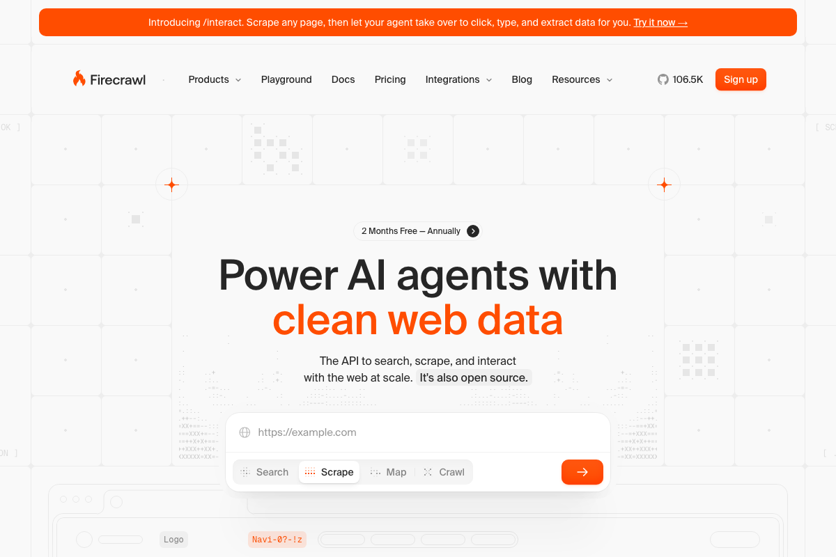 Firecrawl homepage — open-source confirmed, core features listed, /interact agent mode announced via site banner.