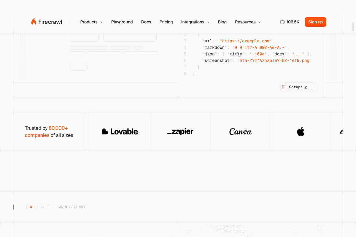Structured output per scrape — url, markdown, json, and screenshot fields all returned.