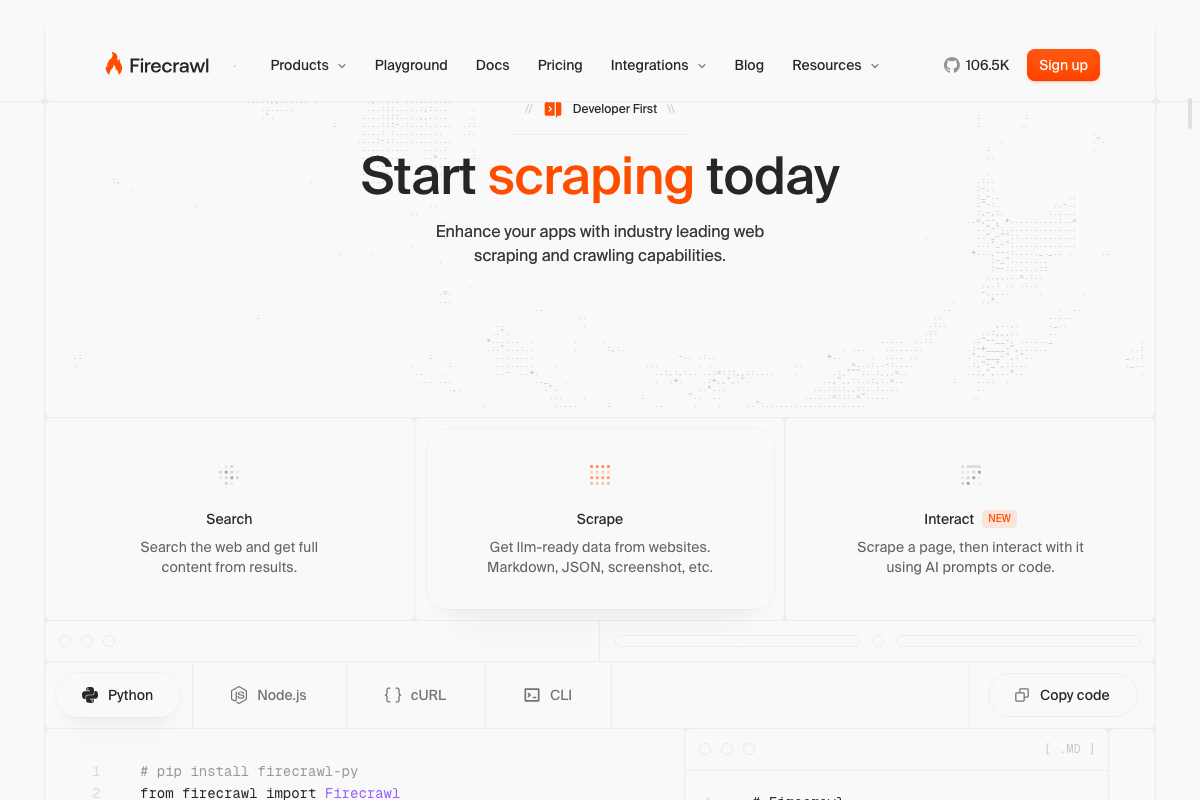 Quickstart install tabs — Python (pip install firecrawl-py), Node.js, cURL, and CLI all officially documented.