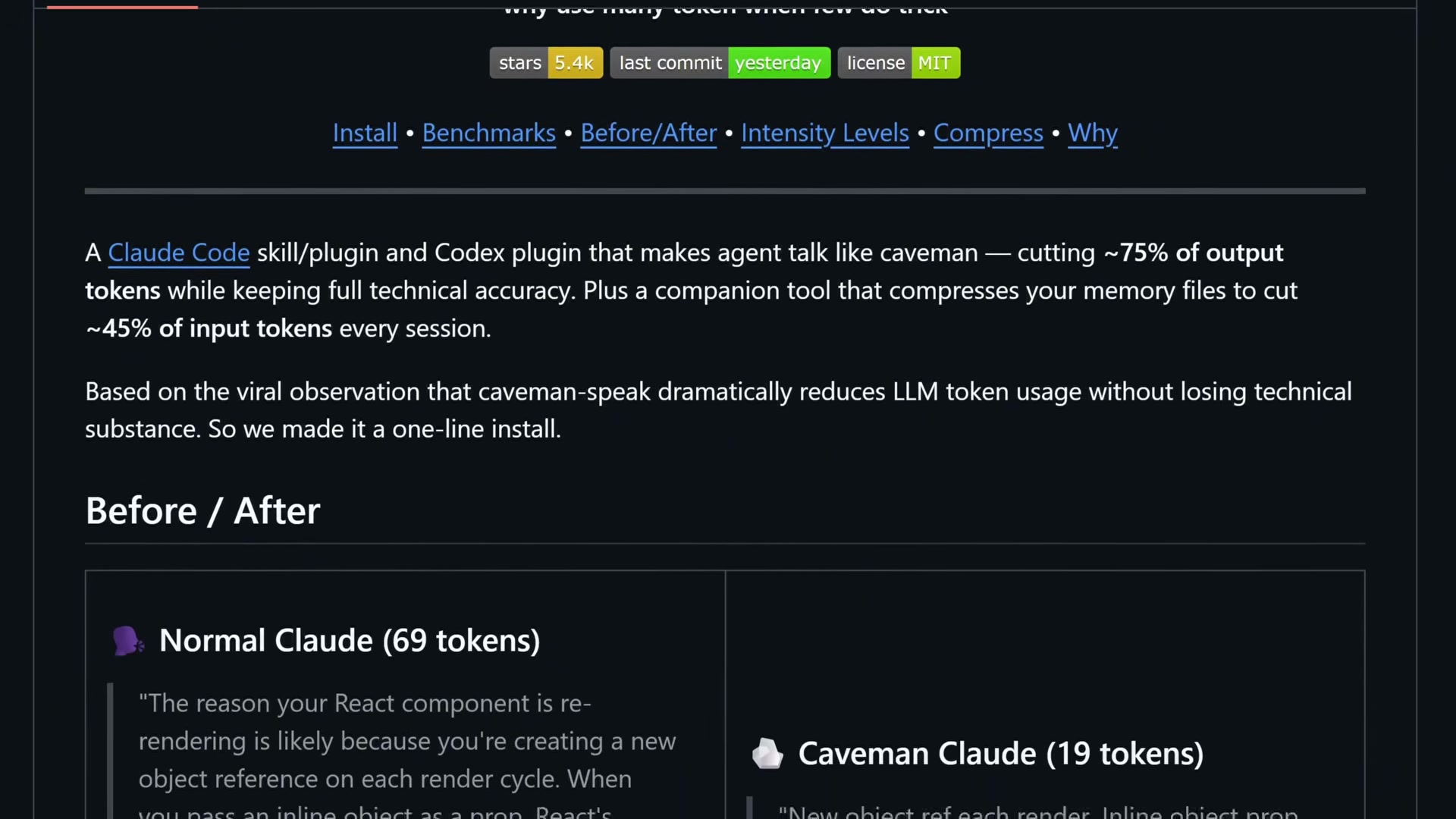 Caveman mode cuts Claude's output from 69 tokens to 19 tokens for the same response — same info, 73% fewer tokens.
