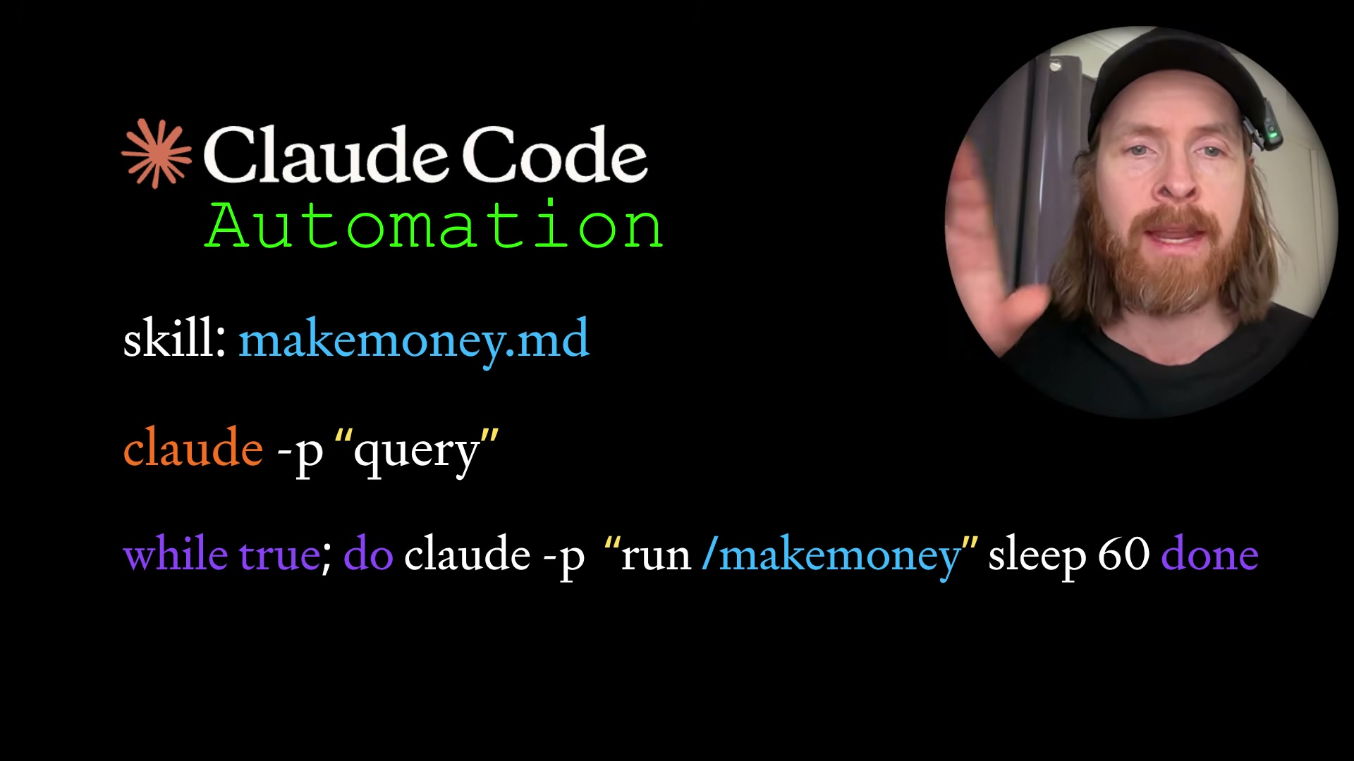 The three-part automation pattern: define a skill, invoke it headlessly with claude -p, then wrap it in a bash while loop to run on a schedule.