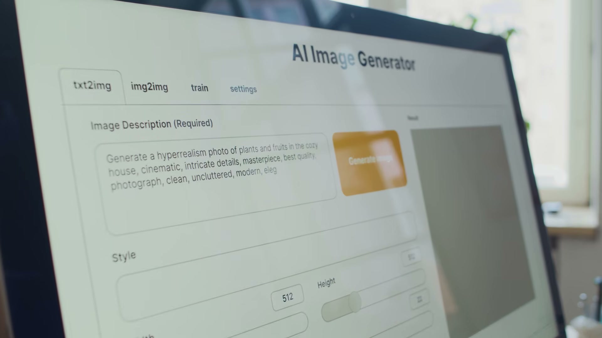 An AI image generator's txt2img interface — where a detailed prompt drives hyperrealistic ad creative output at scale.