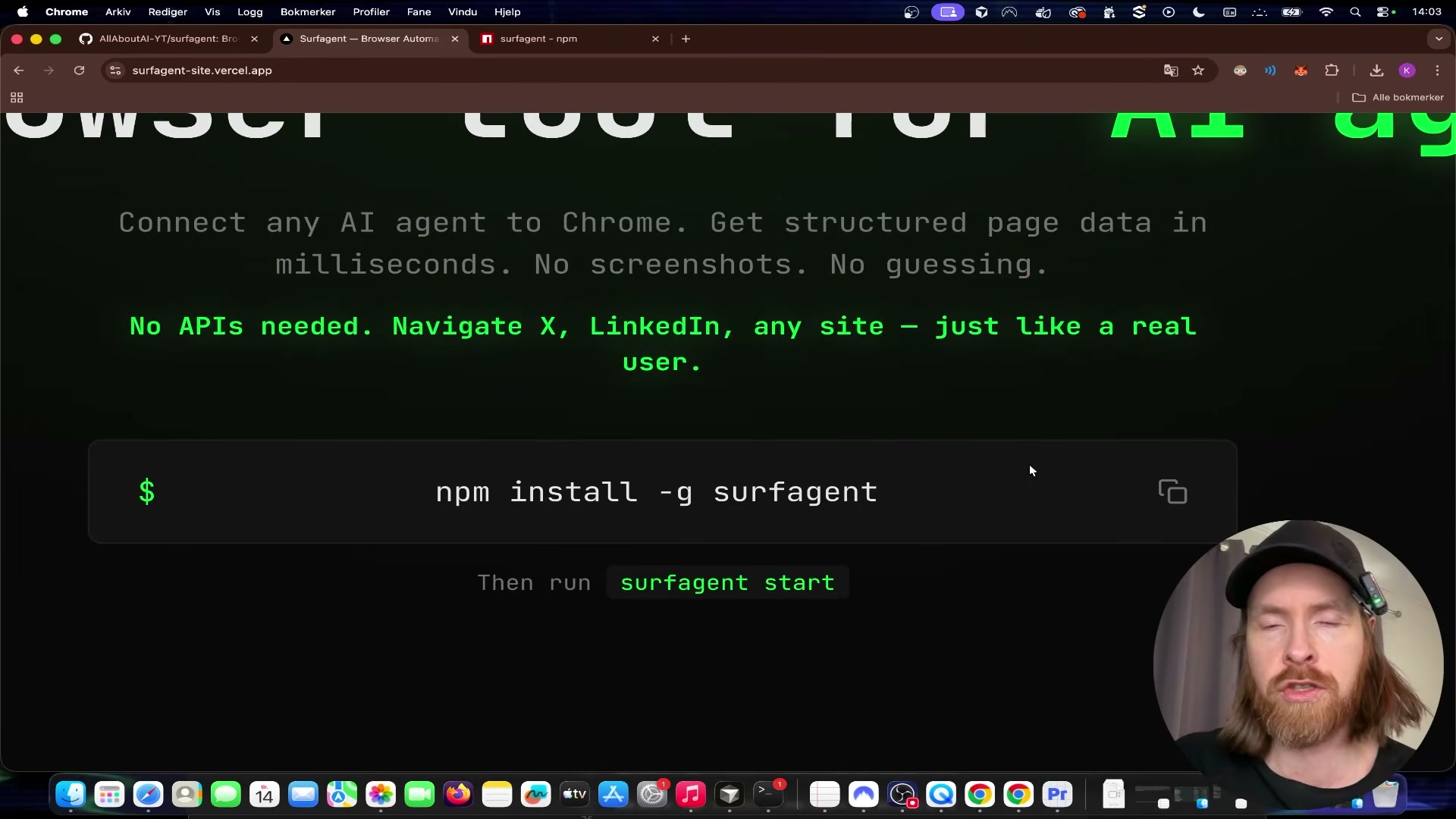 SurfAgent's homepage lays out the full install path in two commands: `npm install -g surfagent` then `surfagent start`.