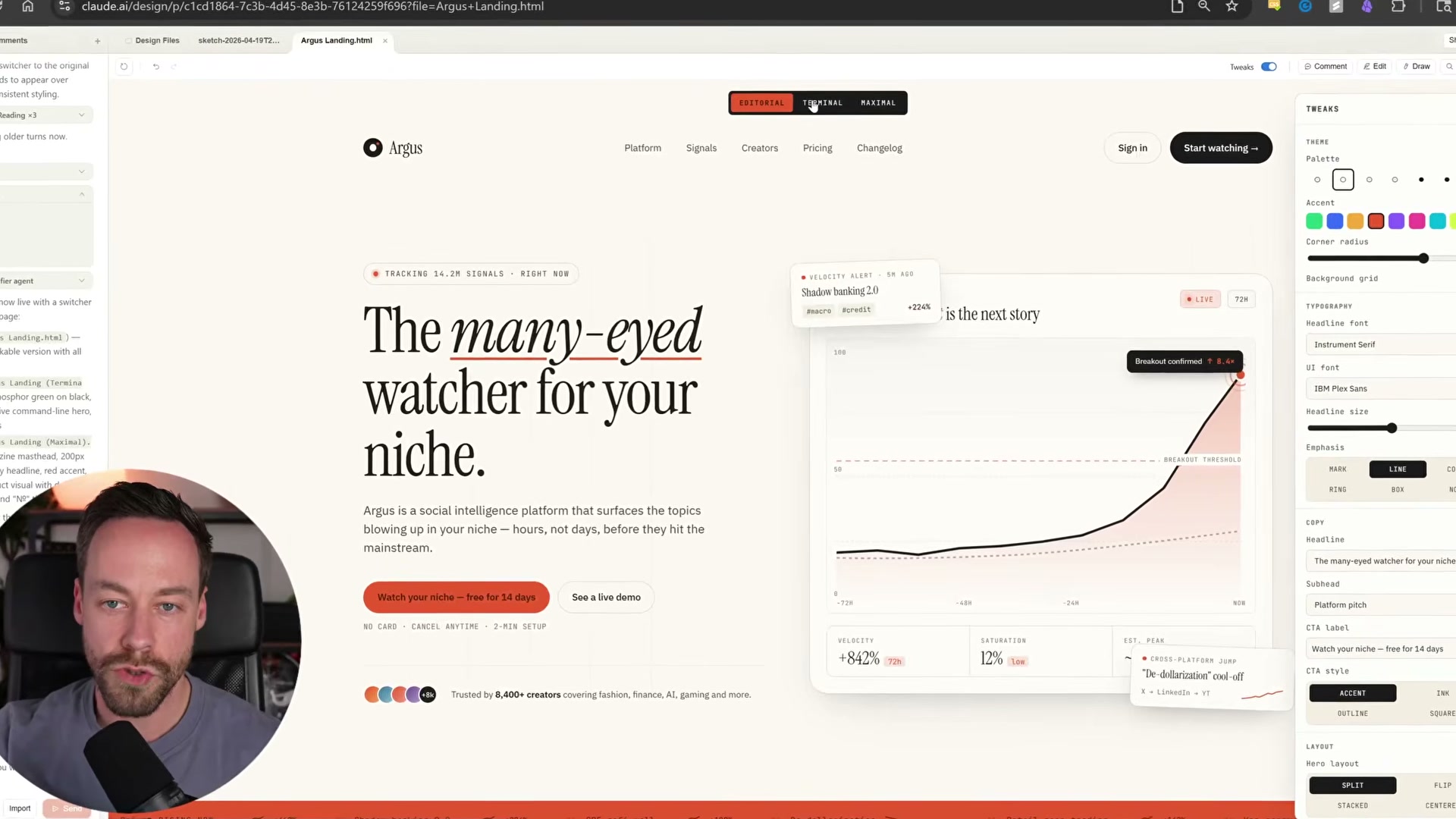 The Tweaks panel lets you swap themes, accent colors, corner radius, and hero layout without touching a single line of code — all in real time.