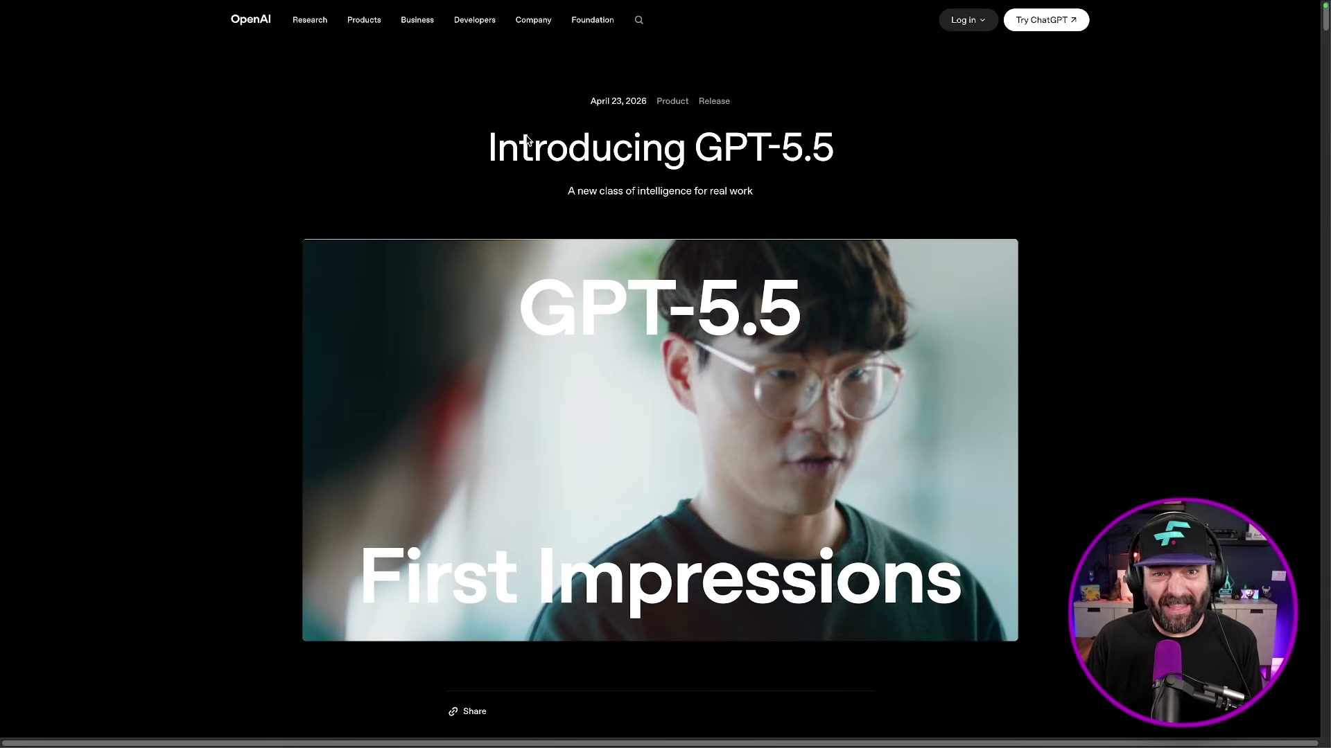 OpenAI's official GPT-5.5 announcement page, published April 23, 2026 — billed as 'a new class of intelligence for real work.'
