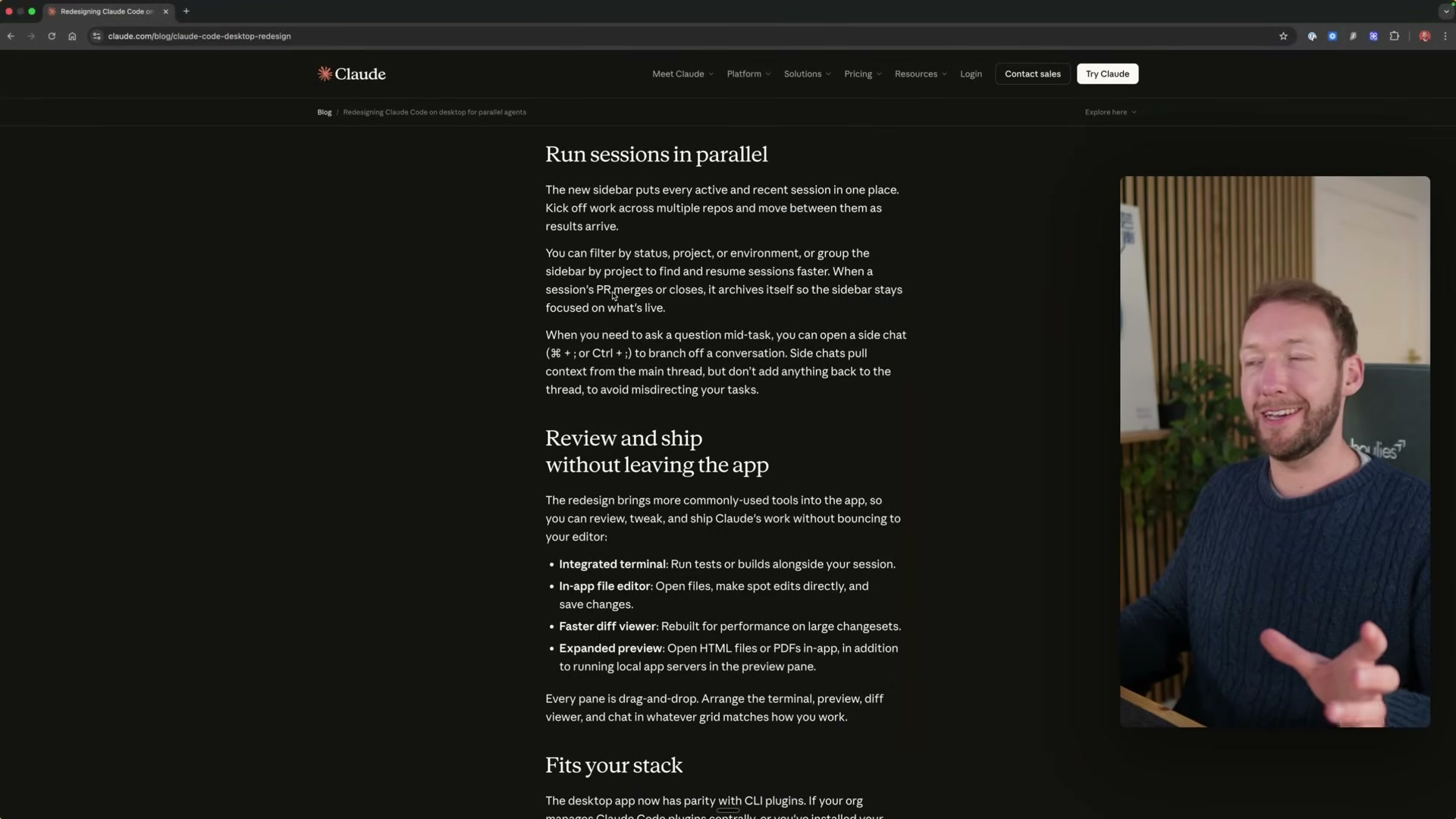 Anthropic's own release notes confirm the features: parallel sessions, in-app file editor, and expanded preview pane.