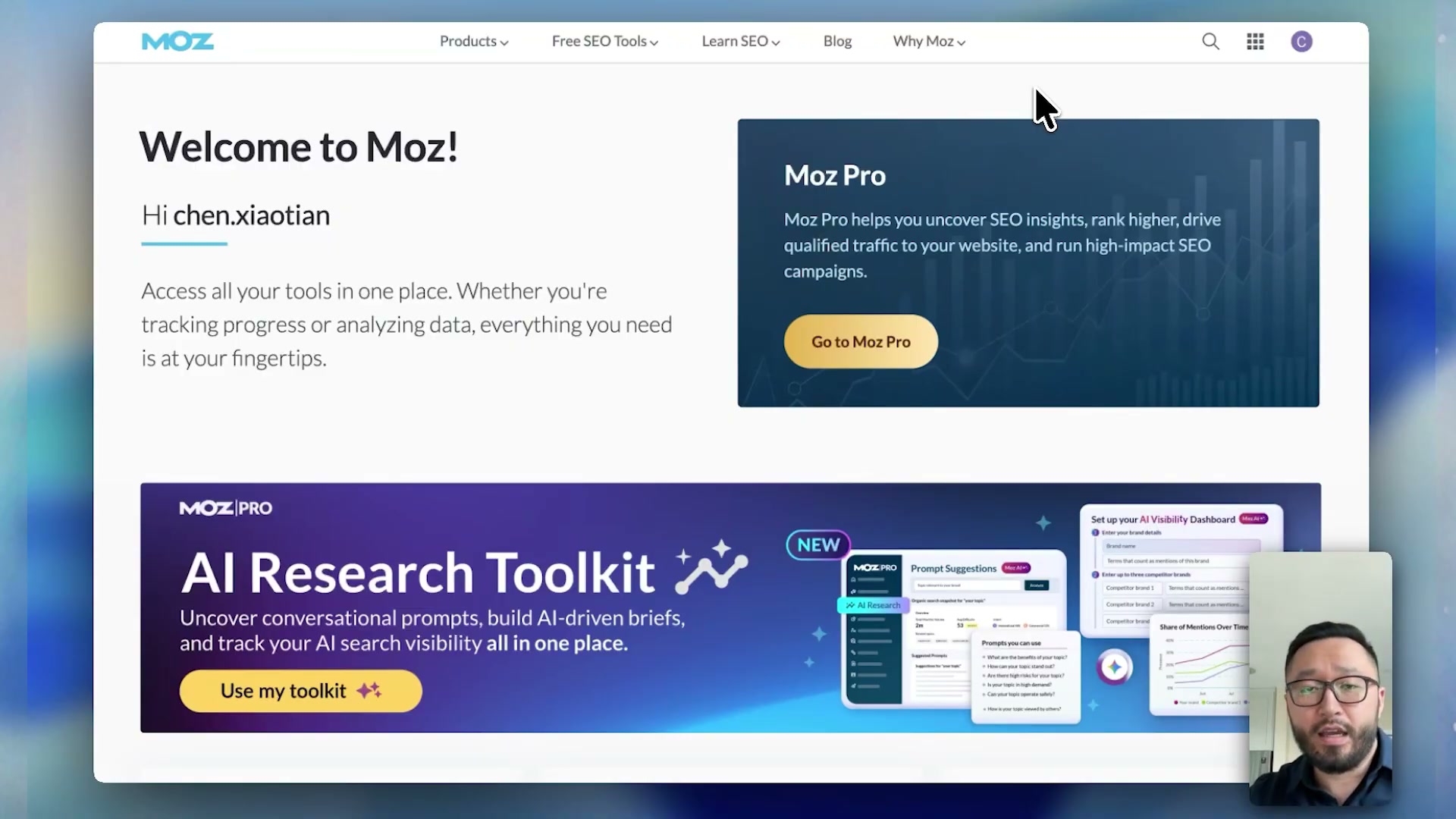 Starting point: the Moz Pro homepage surfaces the new AI Research Toolkit banner — your entry point to the AI Visibility Dashboard.
