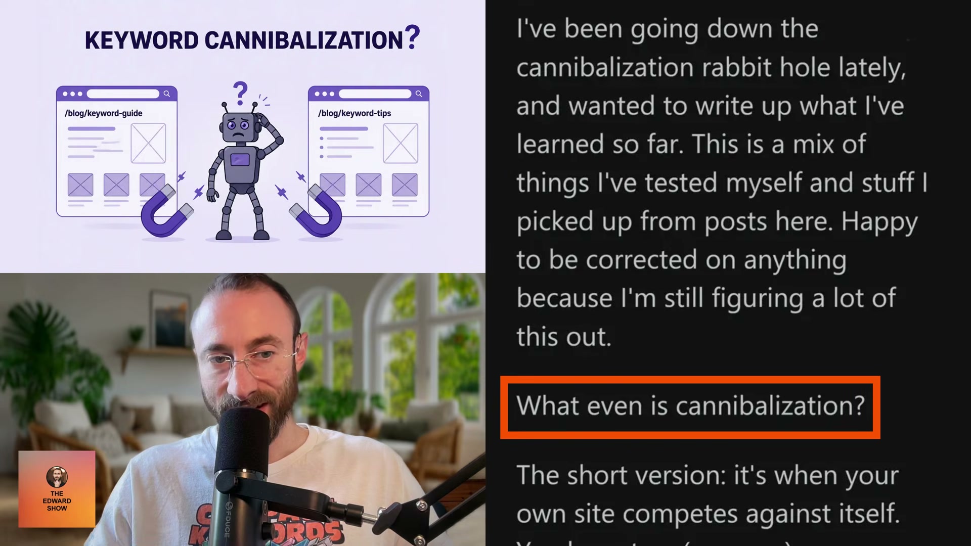 Keyword cannibalization: when two of your own pages compete for the same search query, splitting authority and diluting rankings for both.