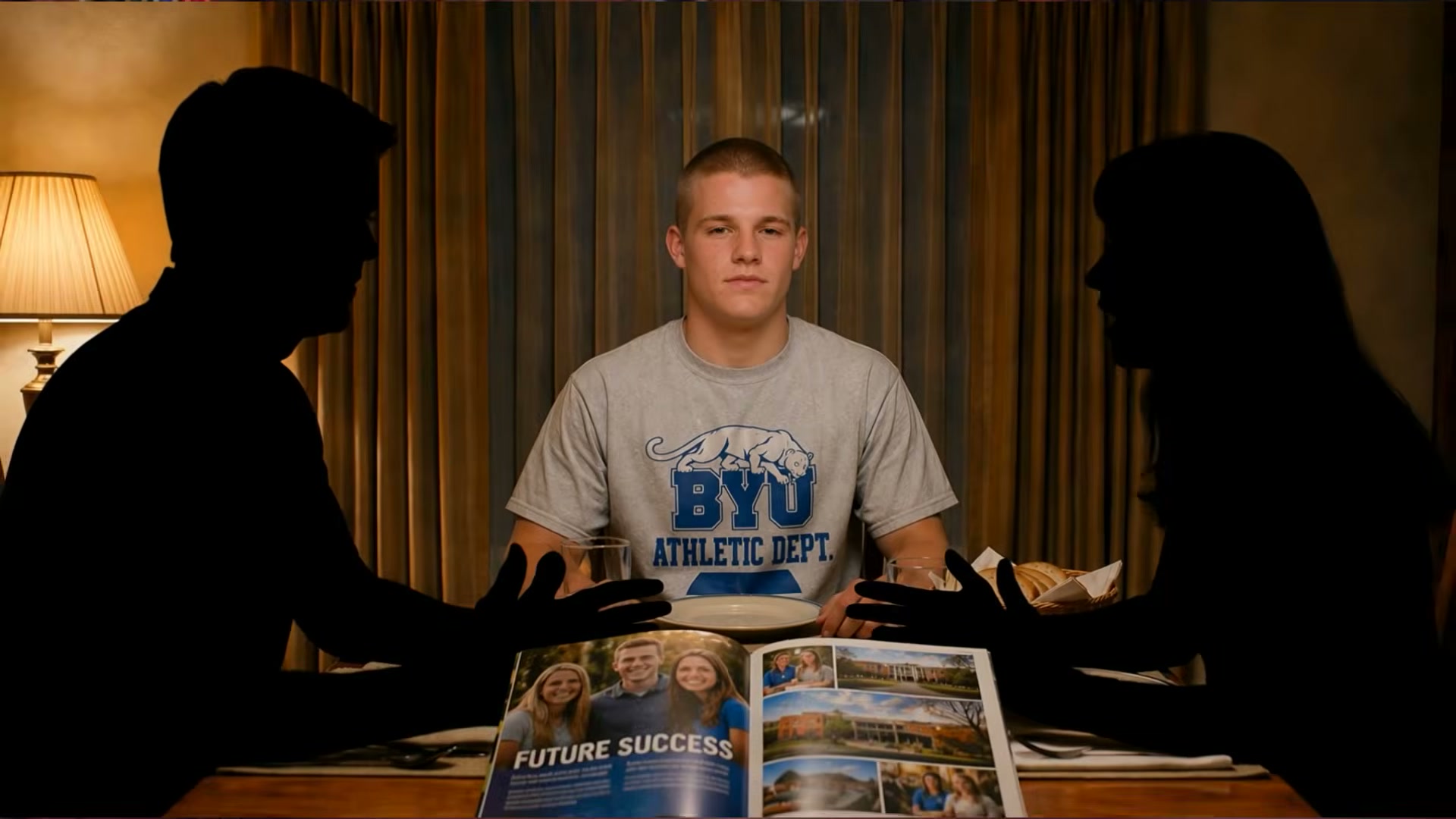 The college pitch: parents push the brochure, the student just sits there — the manufactured consent of higher ed in one frame.