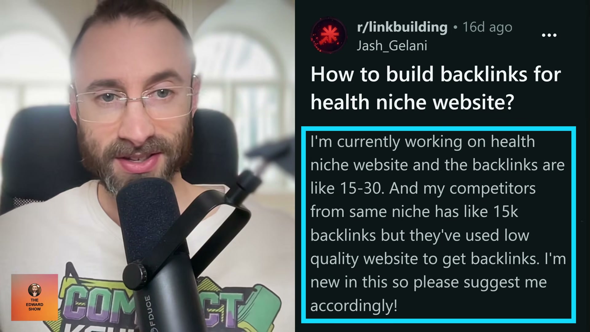 The Reddit question that sparked this tutorial: building authority backlinks in the health niche from 15–30 links vs. 15k competitor links.