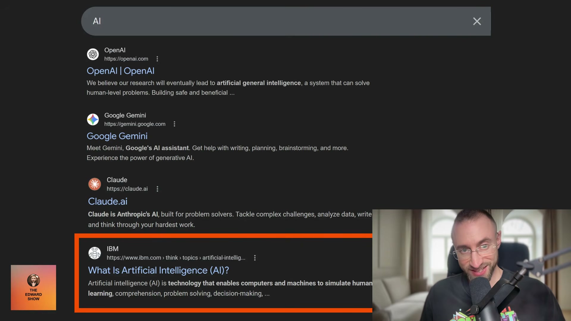 IBM's Think blog ranks #4 for the single-word query 'AI' on Google — below OpenAI and Gemini, but above virtually every other publisher.