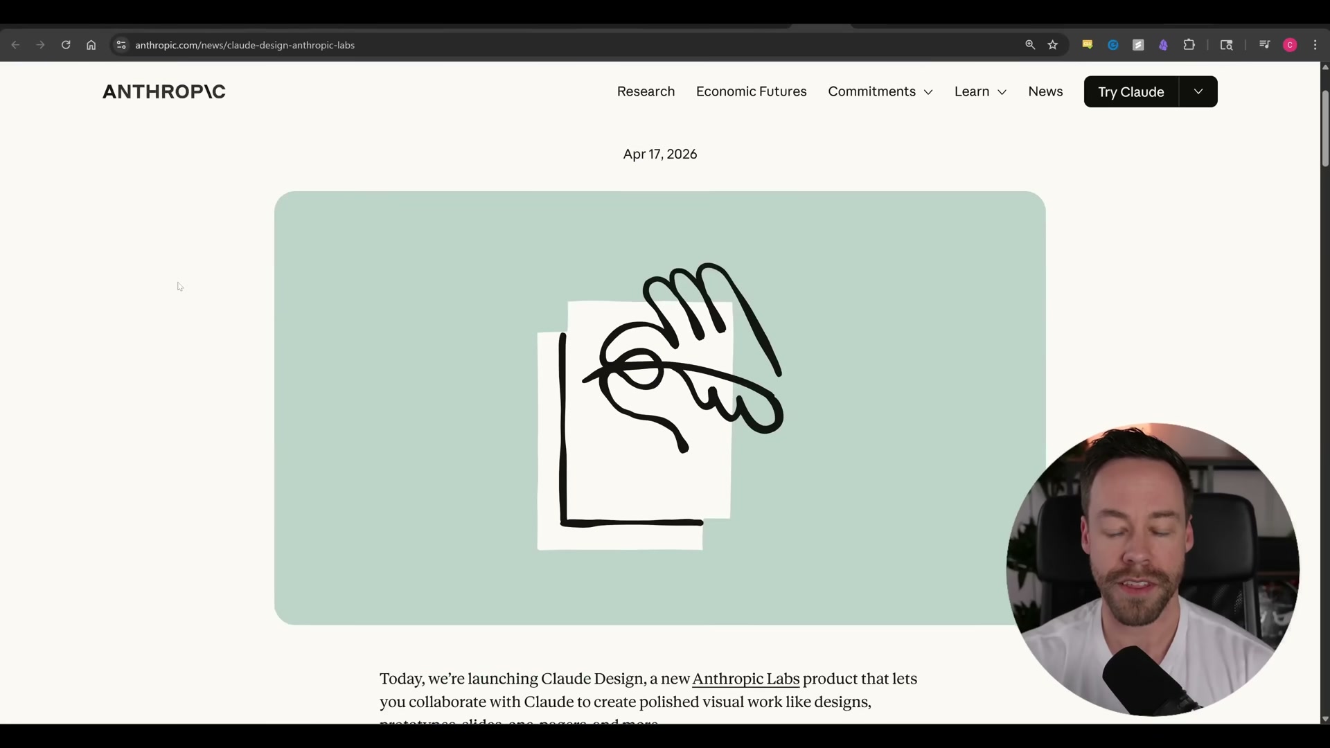 Anthropic's official Claude Design launch page — the new Research Preview product that generates interactive prototypes, slides, and mockups.