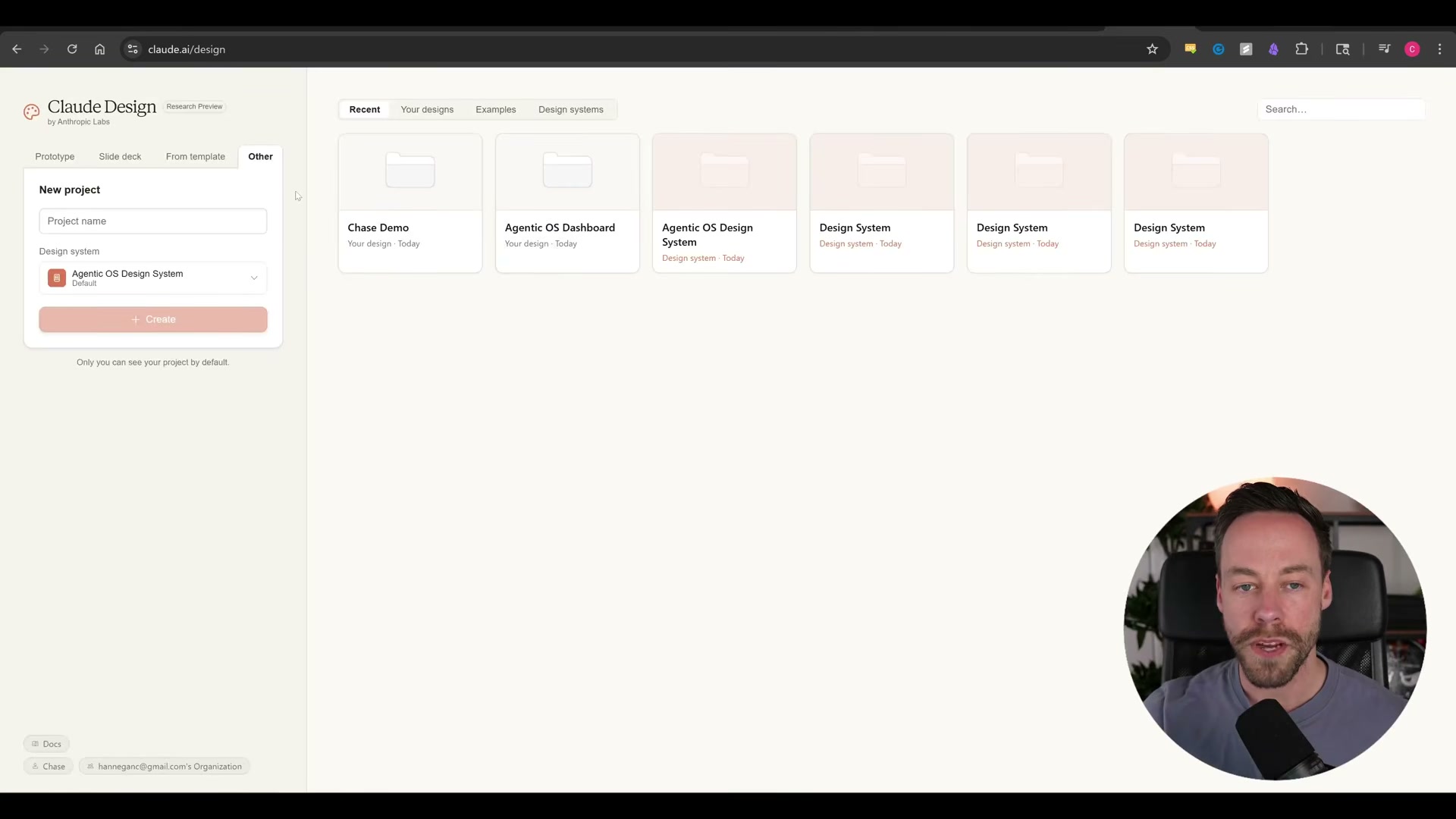 Claude Design's home screen shows your recent prototypes and design systems alongside a one-click new-project panel.
