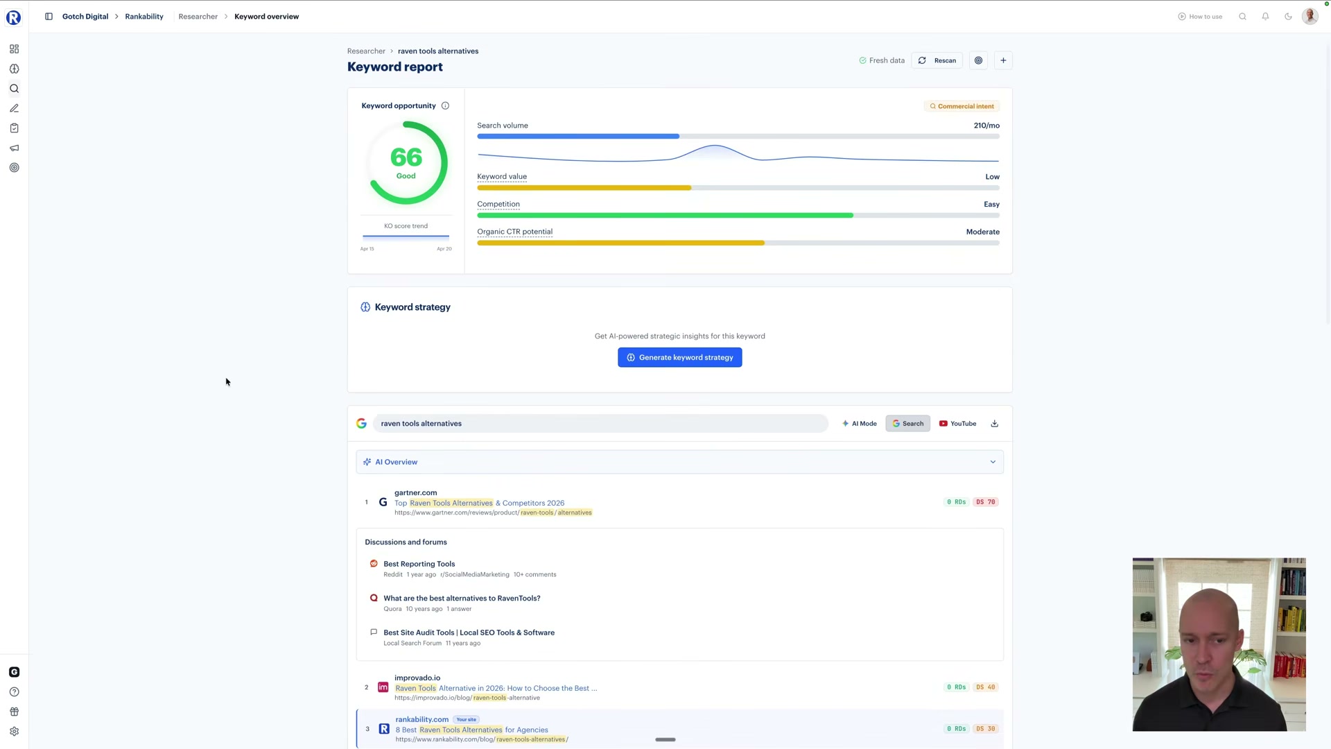 Rankability's Keyword Report surfaces 'Organic CTR potential' — the metric that tells you what rank #3 is actually worth in an AI Overview SERP