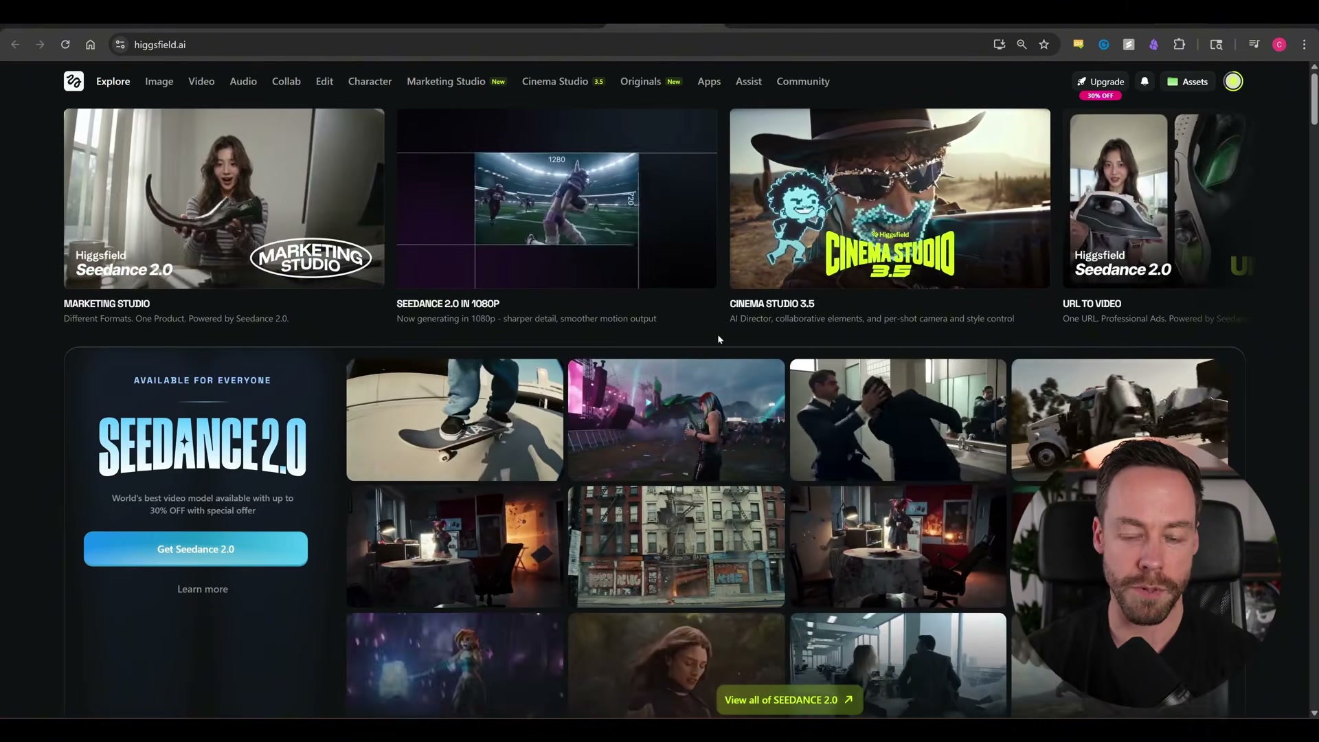 Higgsfield's Seedance 2.0 homepage: the hub for AI video generation used to animate the Claude Design hero section.