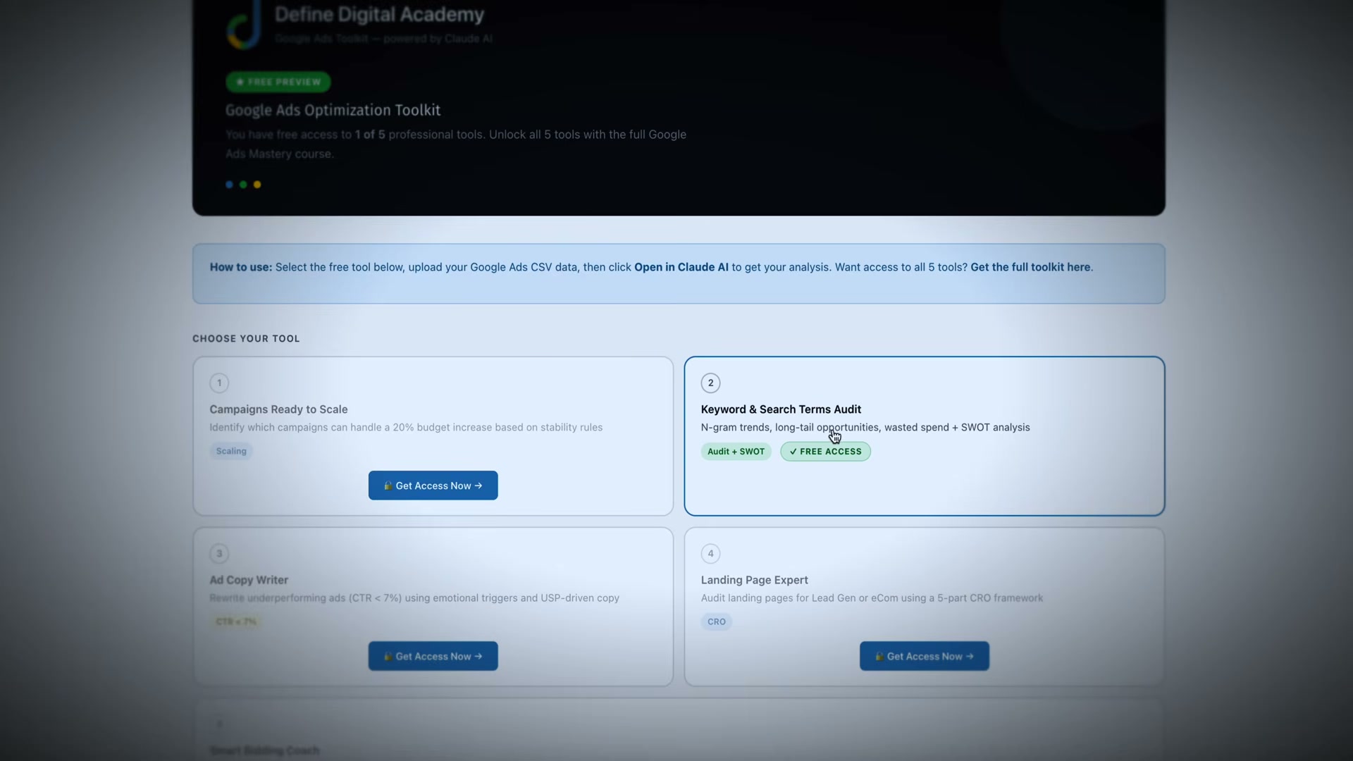 Navigate to the Google Ads Optimization Toolkit and select Tool #2: Keyword & Search Terms Audit (free access)