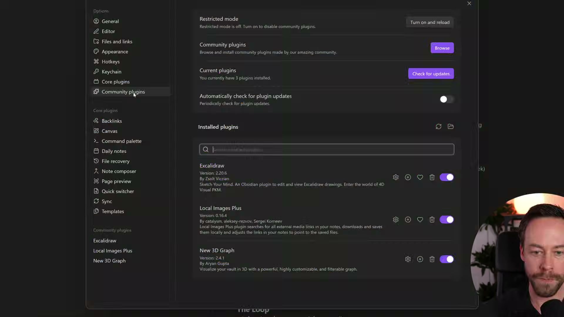 Install these Obsidian community plugins to power the knowledge base: Excalidraw for diagrams, Local Images Plus for offline media, and New 3D Graph for vault visualization.