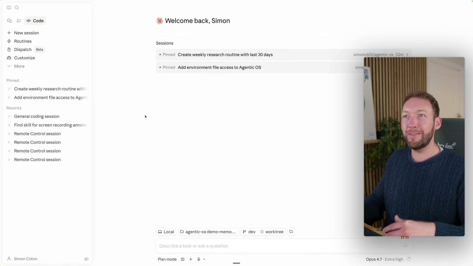 The new Claude Desktop home: pinned sessions, recent sessions, and project context all visible in one sidebar.