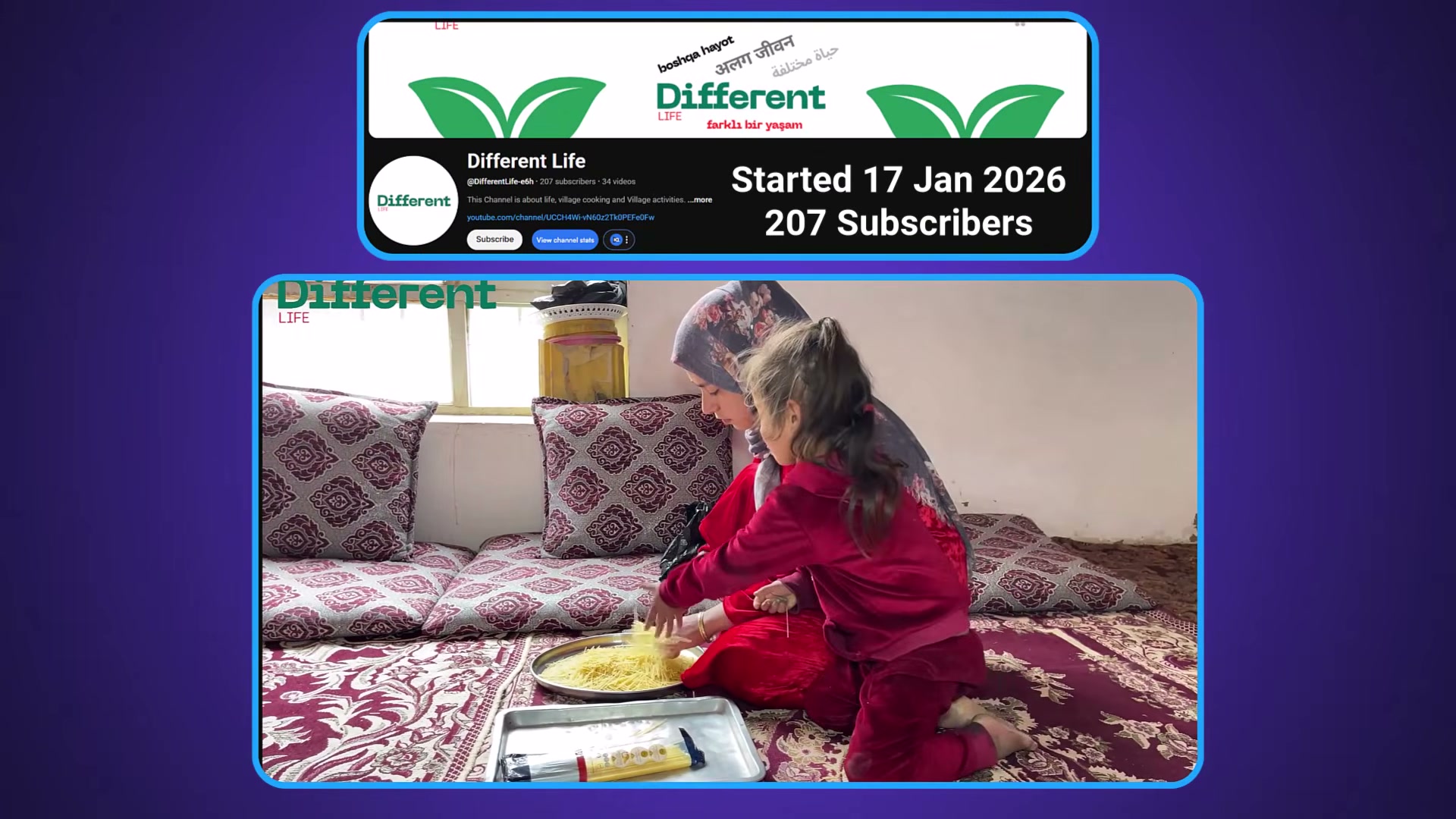 A real beginner channel used as a case study: 'Different Life' hit 207 subscribers starting in January 2026.