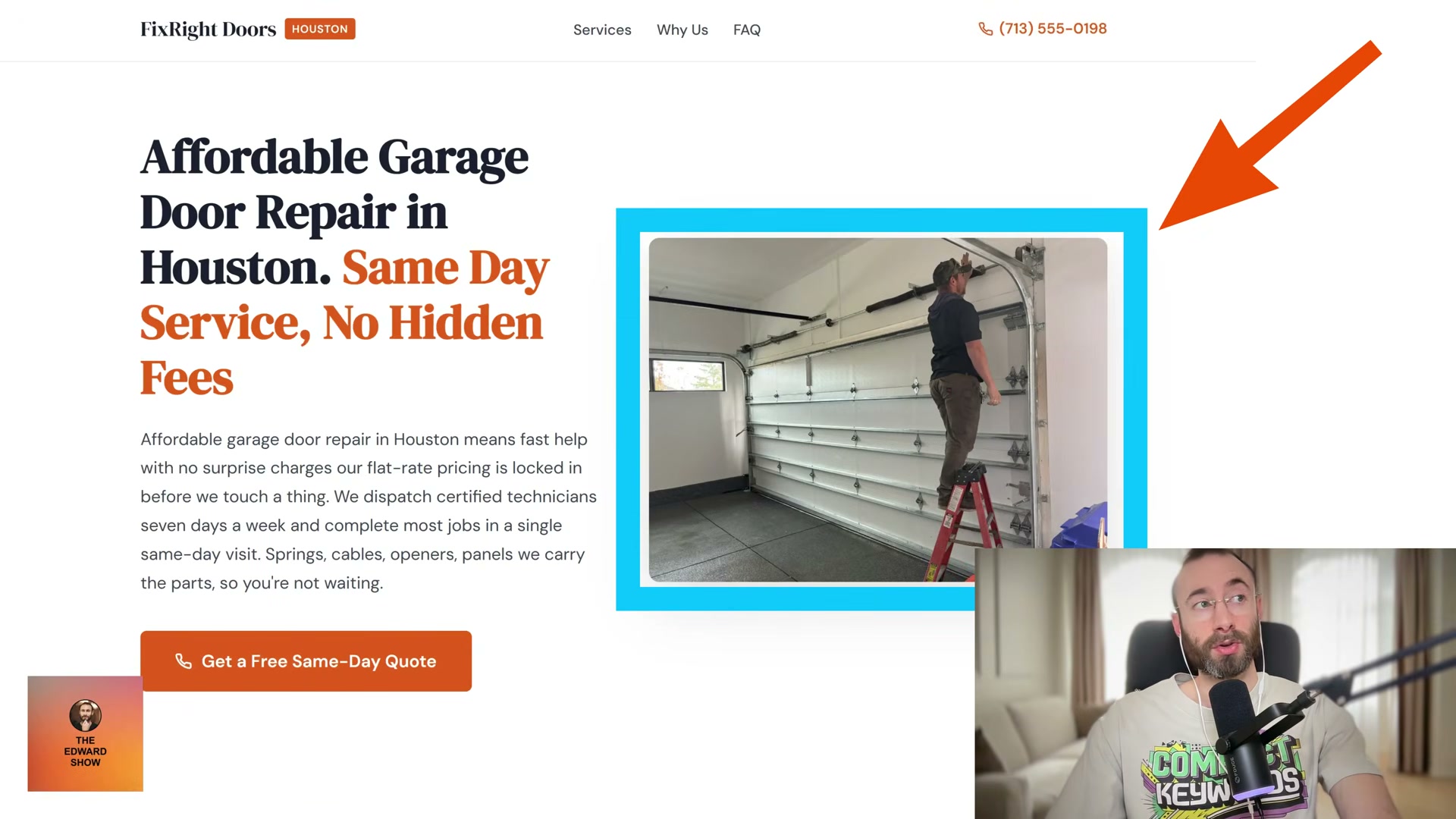 The FixRight Doors money page: conversion-focused headline, same-day promise, and a prominent phone CTA above the fold