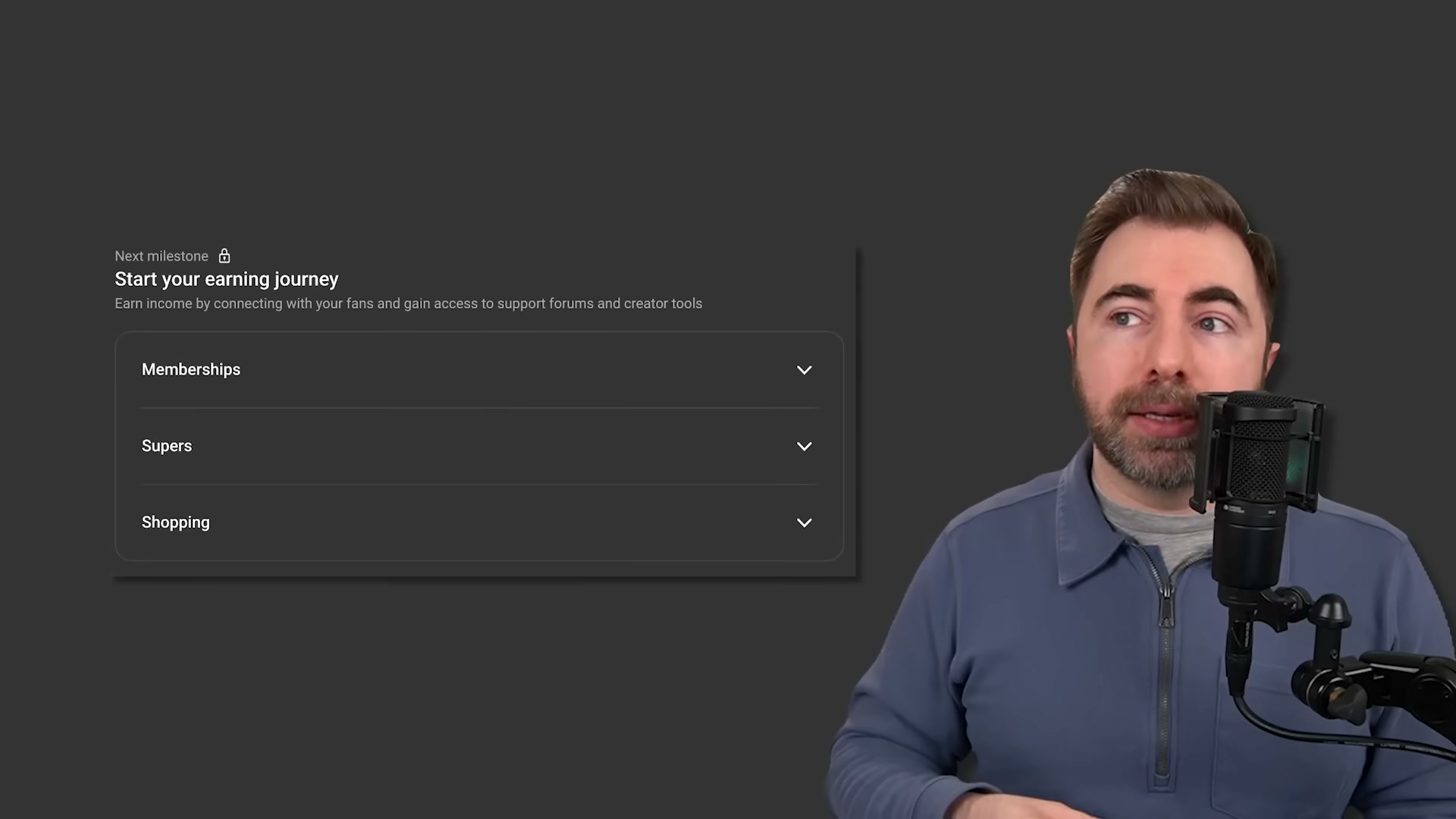 YouTube Studio's earning journey screen: the three monetization pillars beyond AdSense — Memberships, Supers, and Shopping.