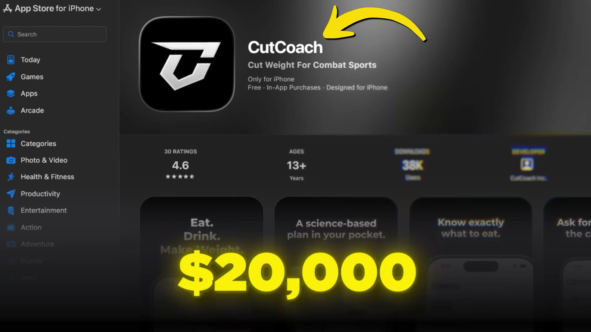 CutCoach on the App Store: 38K downloads, 4.6 stars, and $20K/month revenue from a niche combat sports app.