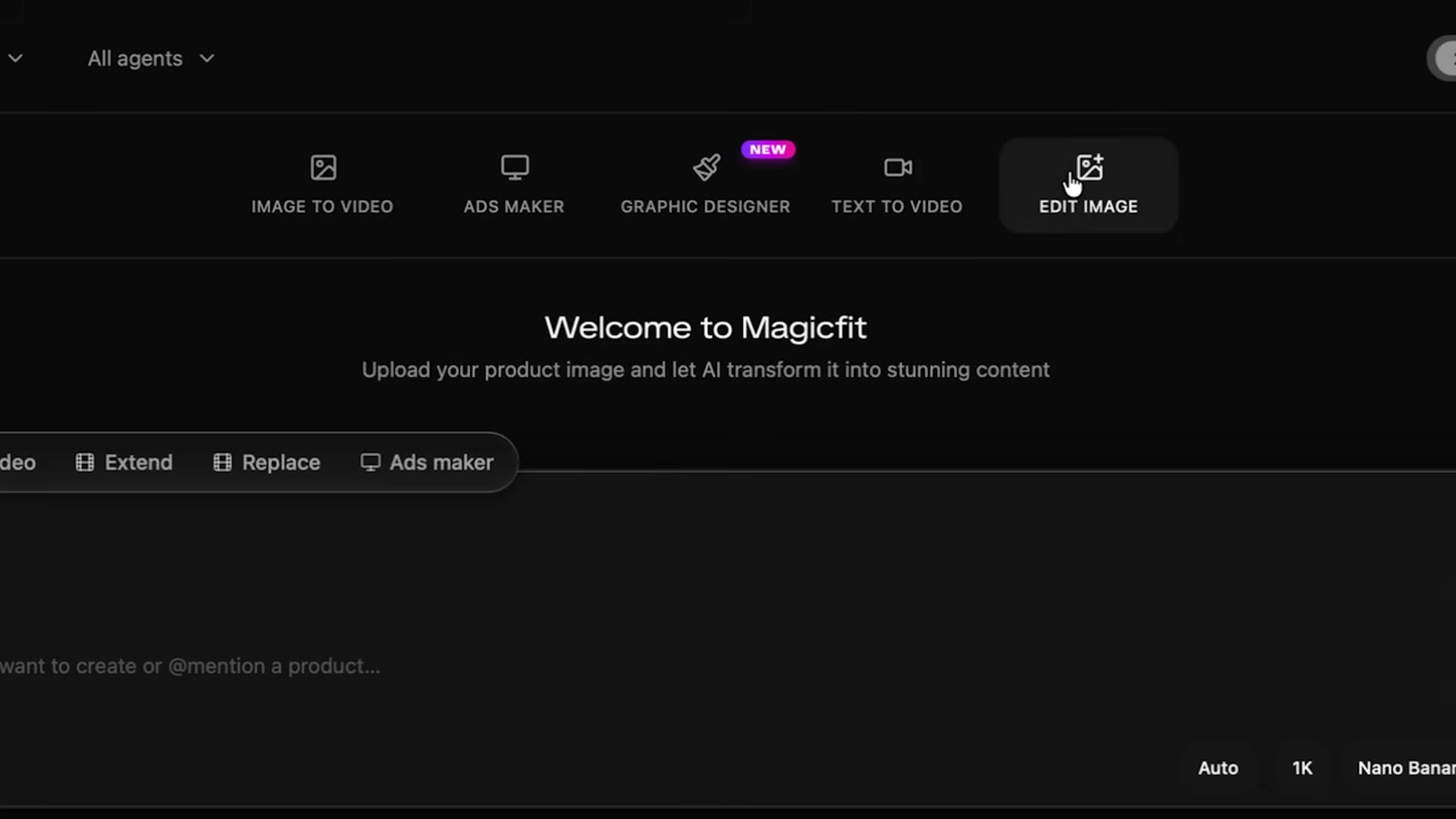Magic Fit's main dashboard: five AI creative tools accessible from a single interface