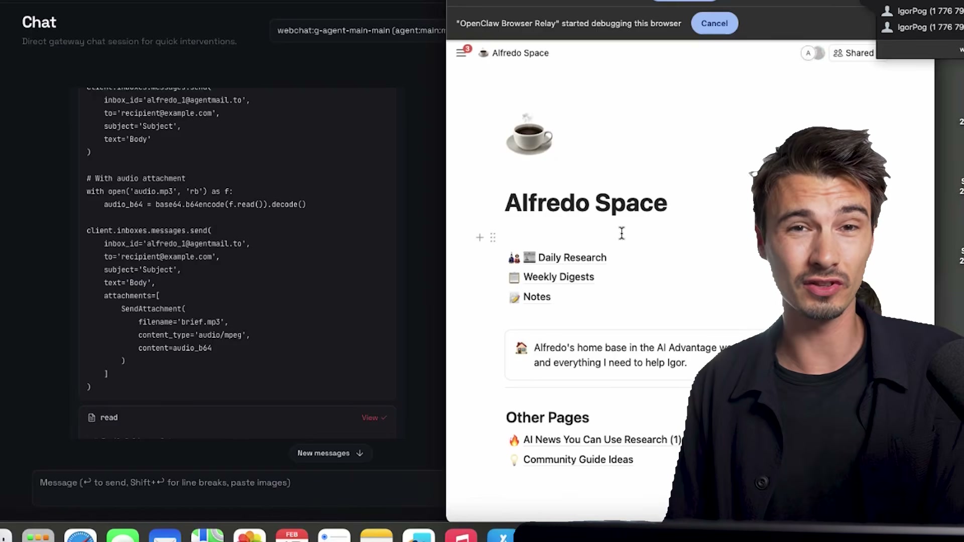 The agent's Notion memory hub ('Alfredo Space') sits alongside the API code that powers its email actions — a live look at agentic memory in practice.