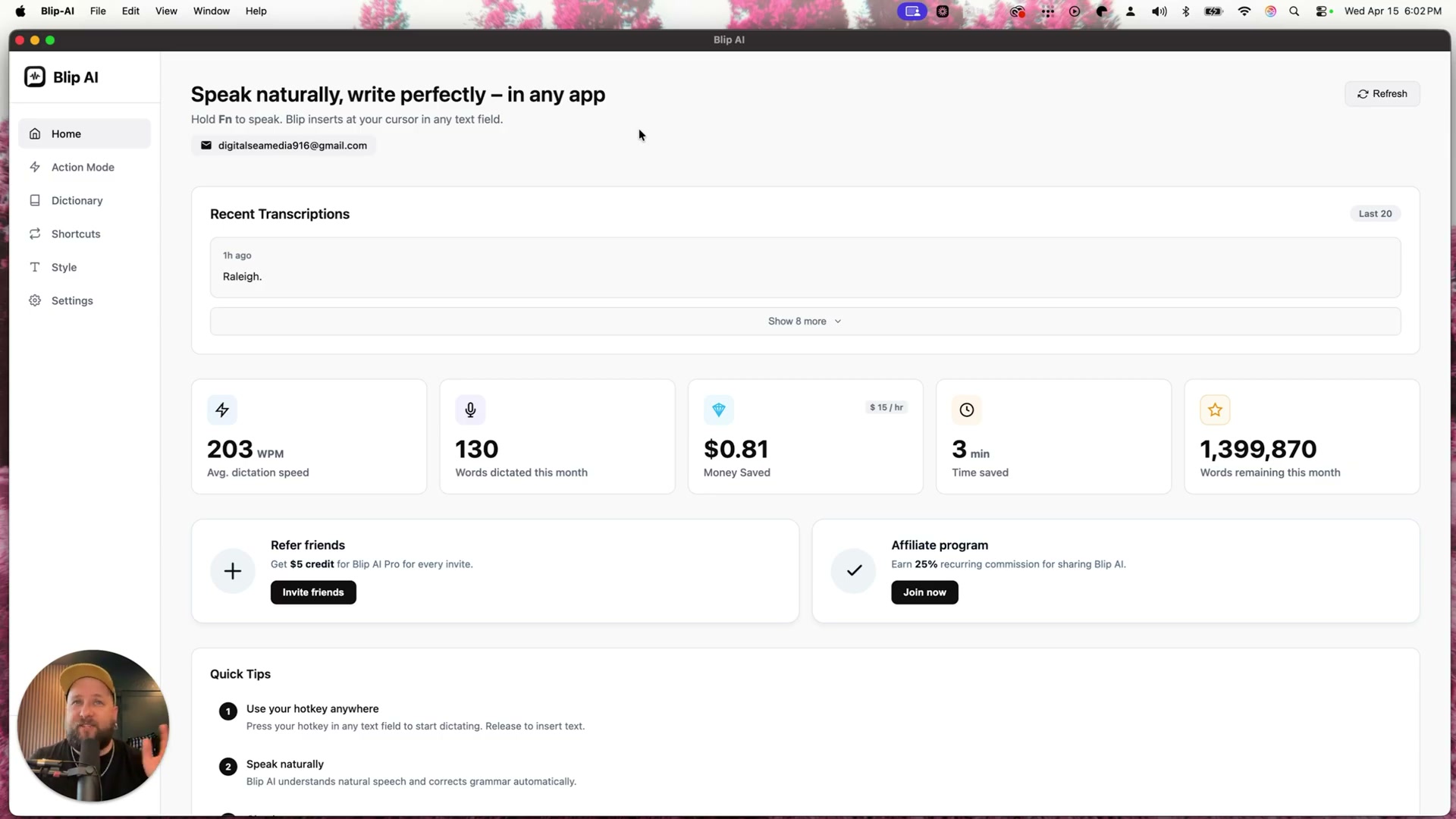Blip AI's core value proposition: speak naturally and dictate into any text field using the Fn hotkey