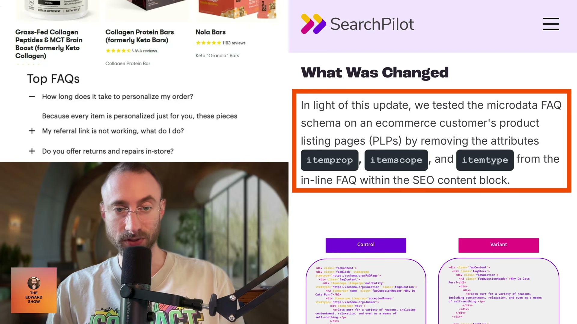 SearchPilot's test: removing microdata FAQ attributes (itemprop, itemscope, itemtype) from ecommerce PLPs — Control vs. Variant