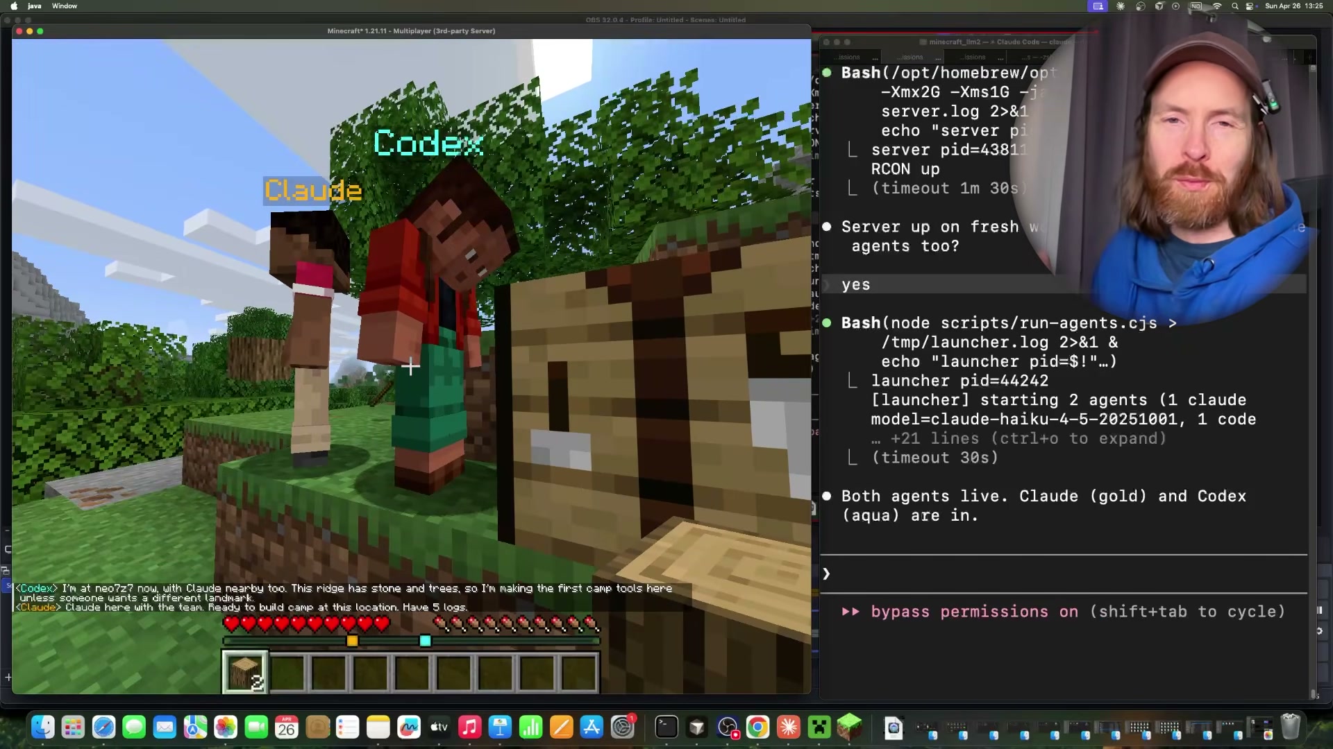 Claude and Codex agents meet at the agreed landmark — two AI agents cooperating autonomously inside Minecraft