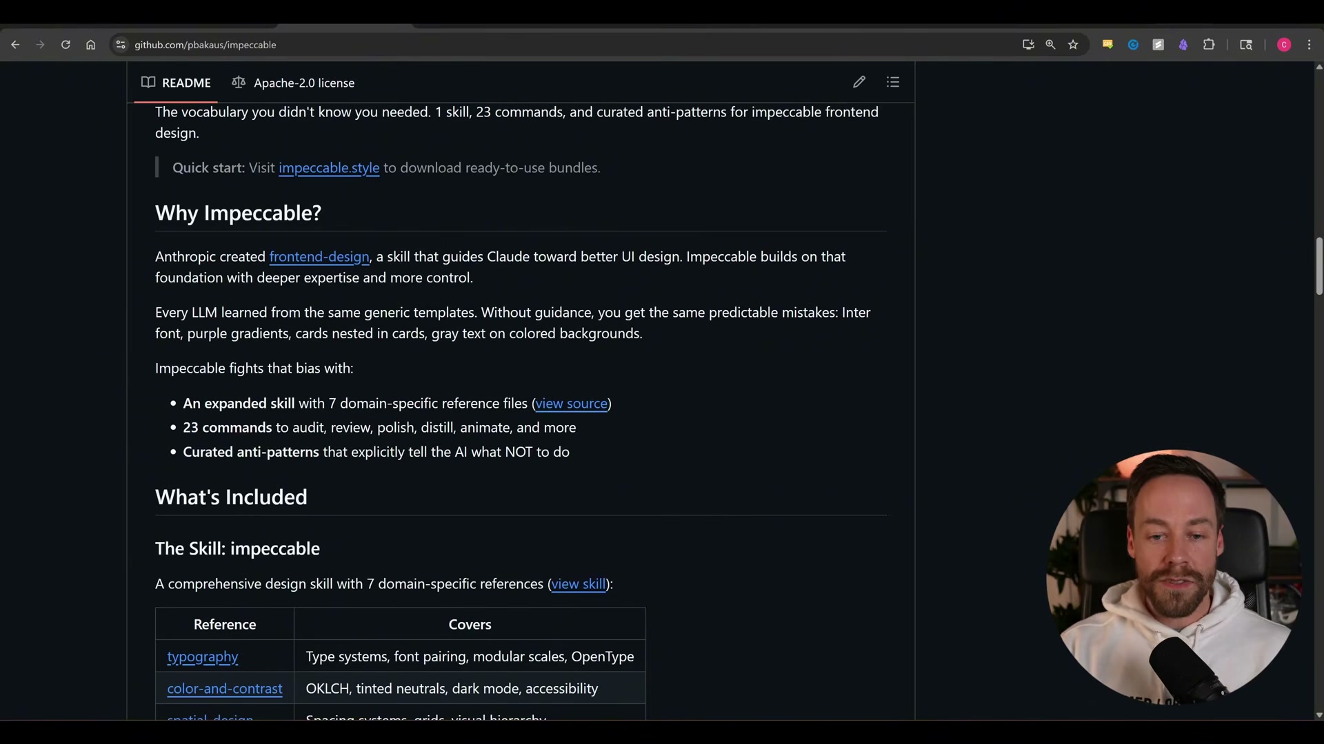 The Impeccable GitHub README explains its three-part system: an expanded skill, 23 slash commands, and curated anti-patterns that tell Claude what NOT to do.