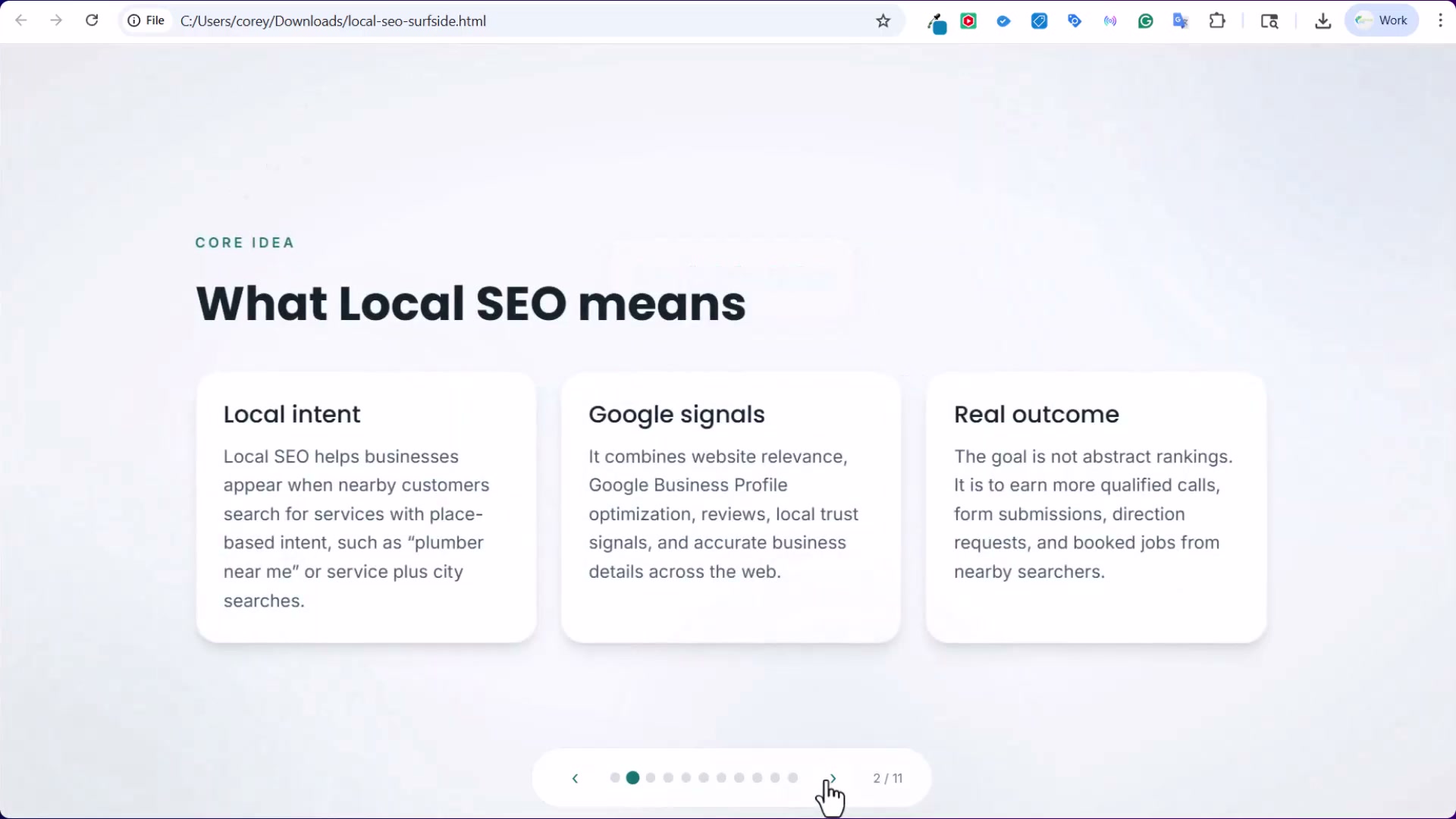 Local SEO breaks down into three pillars: local intent searches, Google's ranking signals, and real-world outcomes like calls and booked jobs.