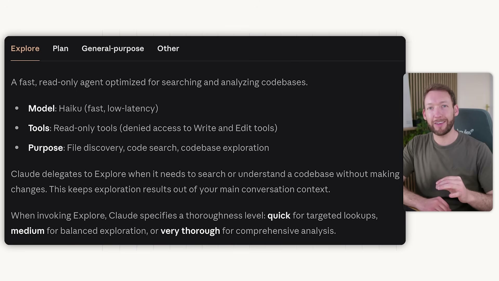 The Explore subagent: Haiku-powered, read-only, three thoroughness levels — quick, medium, very thorough