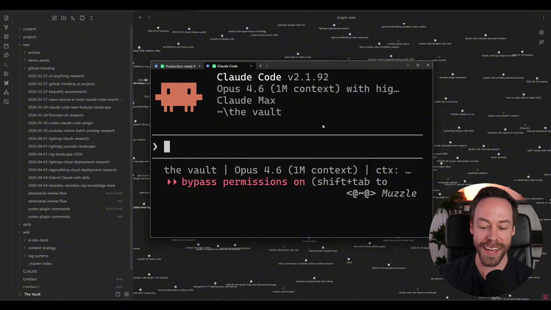 Claude Code opens directly inside your vault folder. With Opus 4.6's 1M-token context window, the entire wiki is available in a single query — no vector database needed.