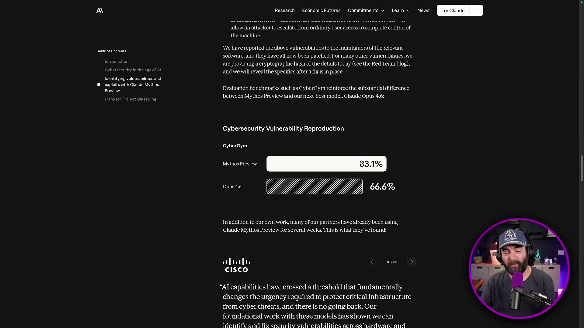 CyberGym benchmark: Claude Mythos Preview scores 83.1% on cybersecurity vulnerability reproduction vs. Opus 4.6 at 66.6%.