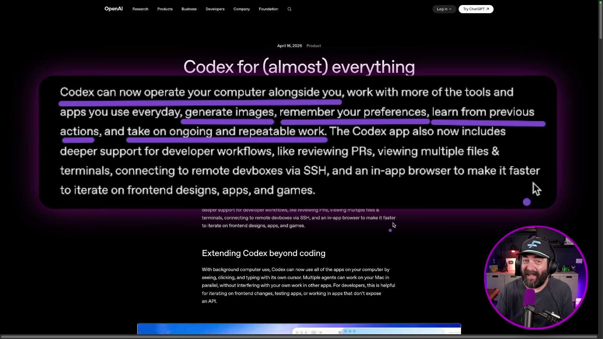 Key Codex capability: the model can now operate your Mac in the background — seeing, clicking, and typing with its own cursor