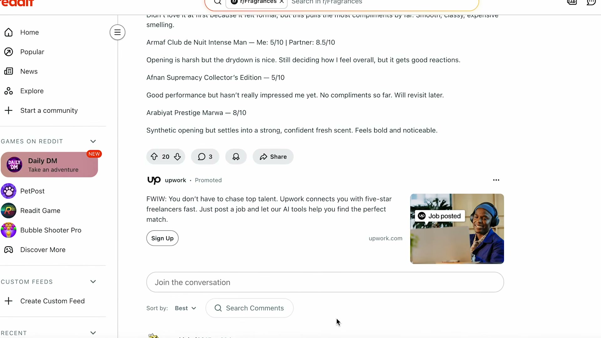 A high-upvote r/Fragrances post — the type of community-authentic content AI tools pull from