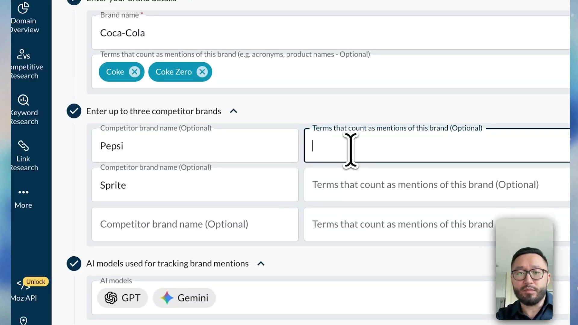 Add brand aliases (e.g., 'Coke', 'Coke Zero') so Moz Pro counts product name variations as mentions, then enter up to three competitor brands.