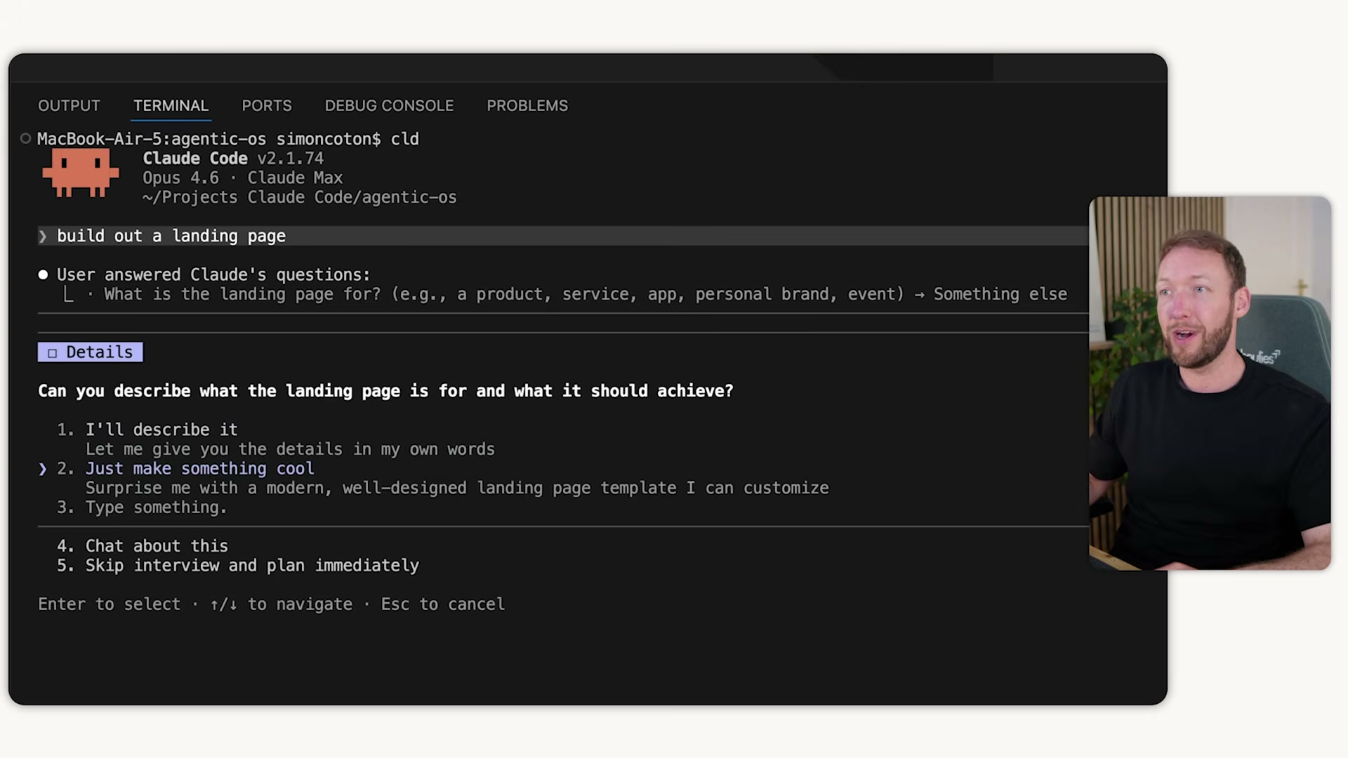 Plan Mode in action: Claude Code's interactive clarification interview before generating a plan — select an option or skip straight to planning.