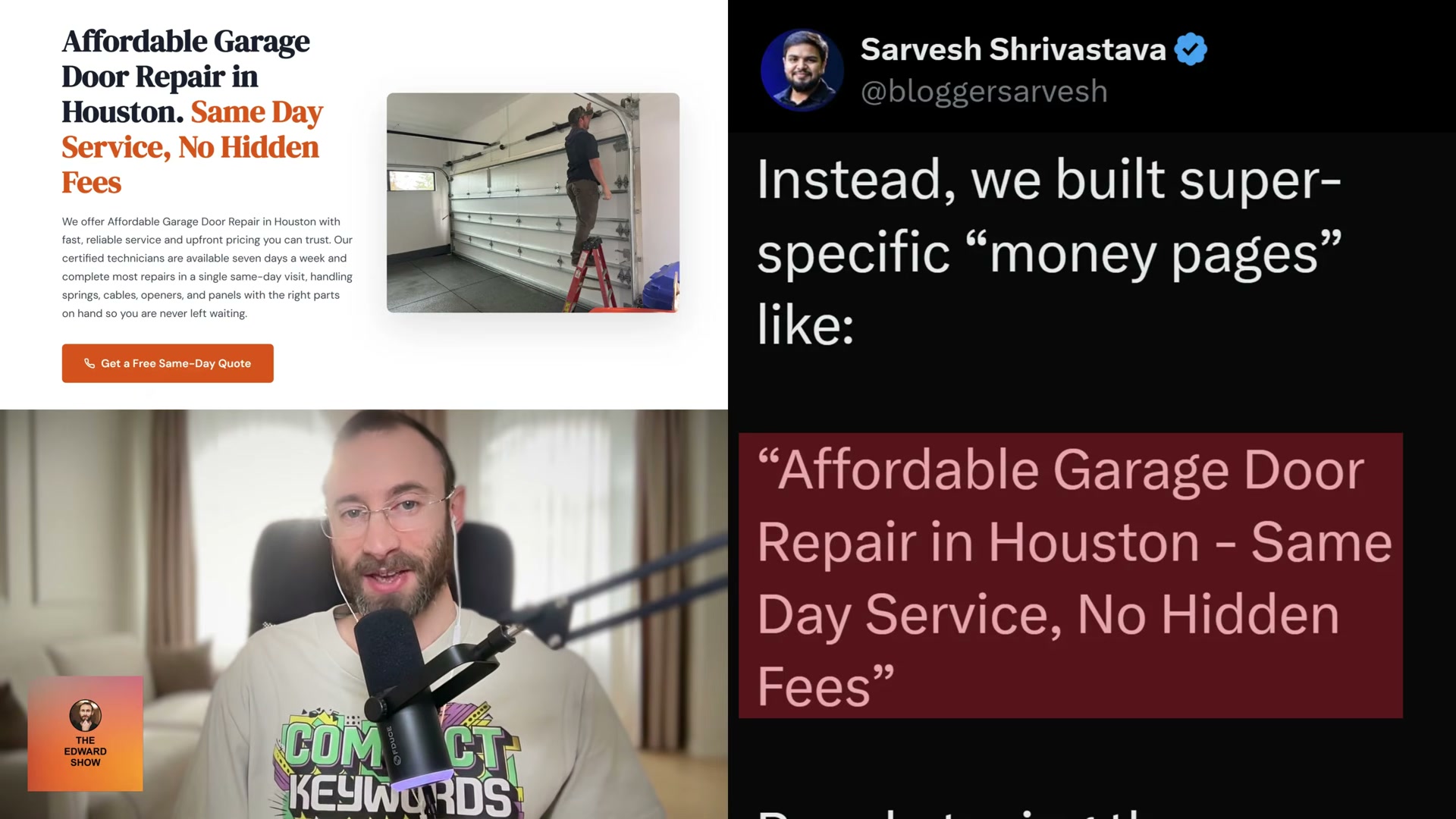 Money page in action: 'Affordable Garage Door Repair in Houston – Same Day Service, No Hidden Fees' targets buyer-intent keywords directly