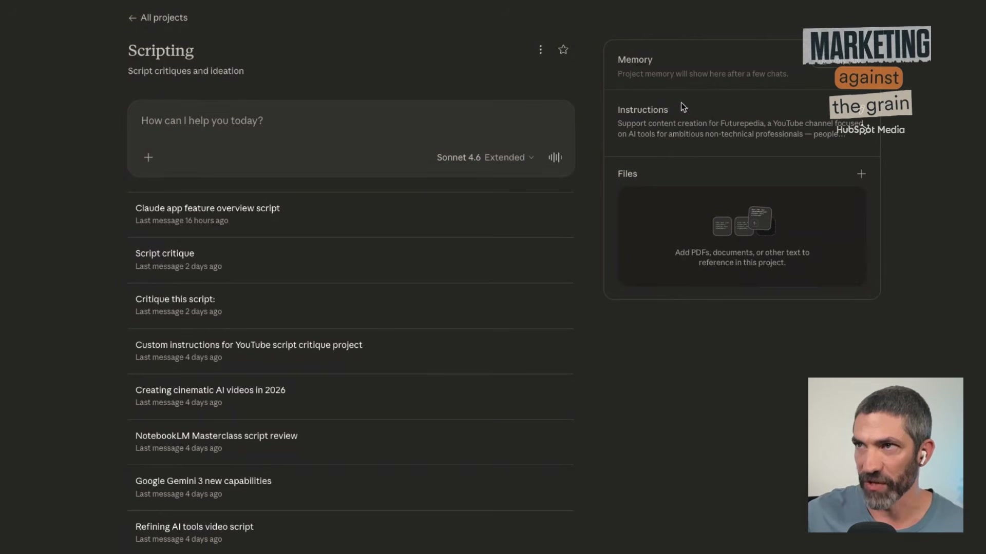 Inside a real Claude Project: custom instructions scoped to a YouTube channel, persistent memory, and a full conversation history organized by task.