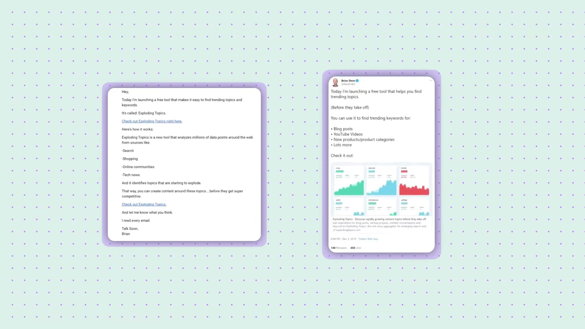 Brian Dean's Exploding Topics launch used both a personal email list and a Twitter announcement simultaneously — a textbook owned-distribution play.