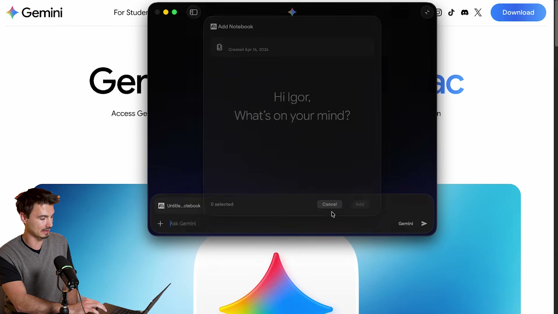 Gemini for Mac's 'Add Notebook' dialog links directly to NotebookLM notebooks