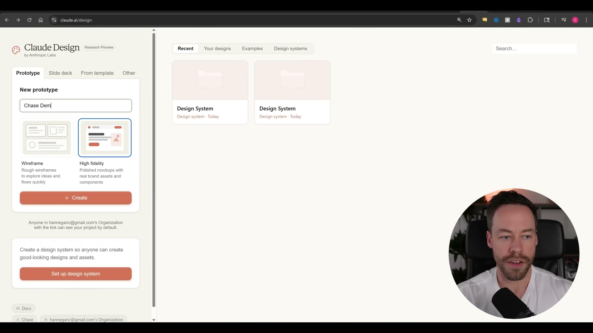 The Claude Design home screen: name your project, choose wireframe or high-fidelity, and optionally attach a design system before hitting Create.